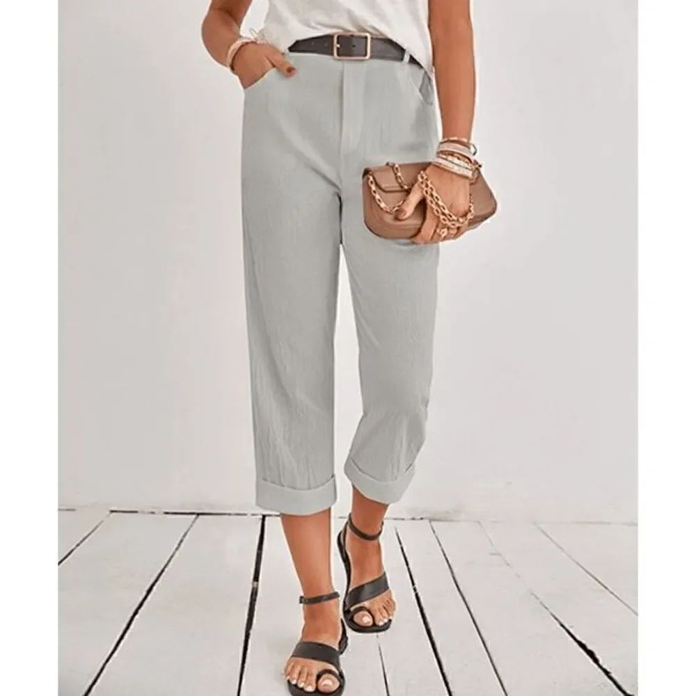 Light Gray 100% Cotton Pocket Straight-Leg Pants
